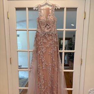 Dusty Rose Floral Embroidered Overskirt Gown